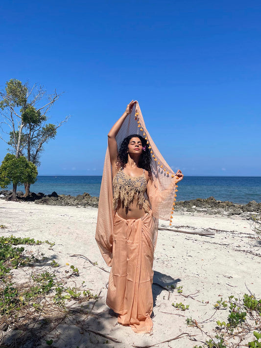 Peach Cotton Line Saree