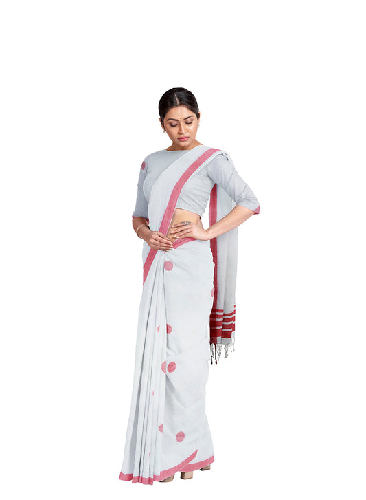 Handwoven Red White Polka Dot Bawanbooti Saree